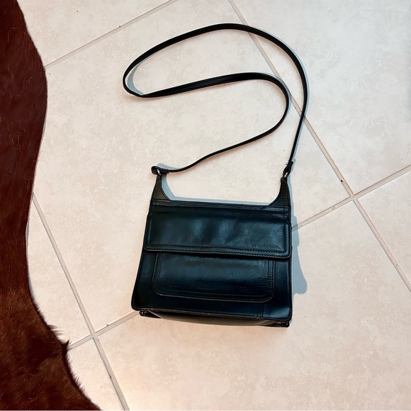Vintage Fossil Black Leather Purse Double Fold Out Organizer Crossbody Bag Trave - Picture 1 of 15